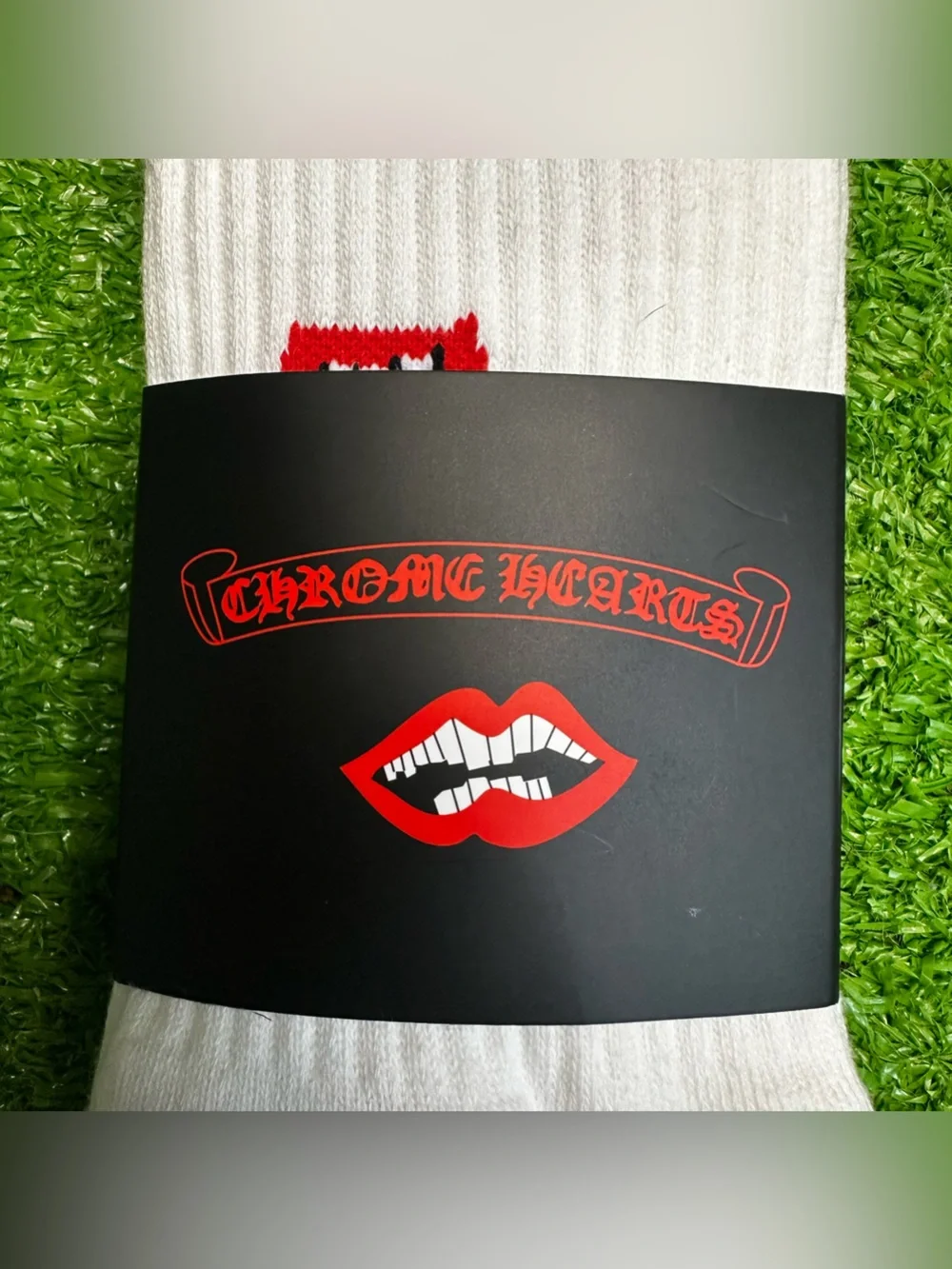Chrome Hearts White Crew Socks with Red Lip Graphic